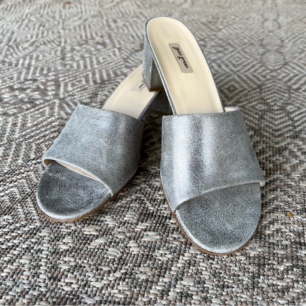 NWT Paul Green - Metallic Silver Heels Slide Sandals Block Heel